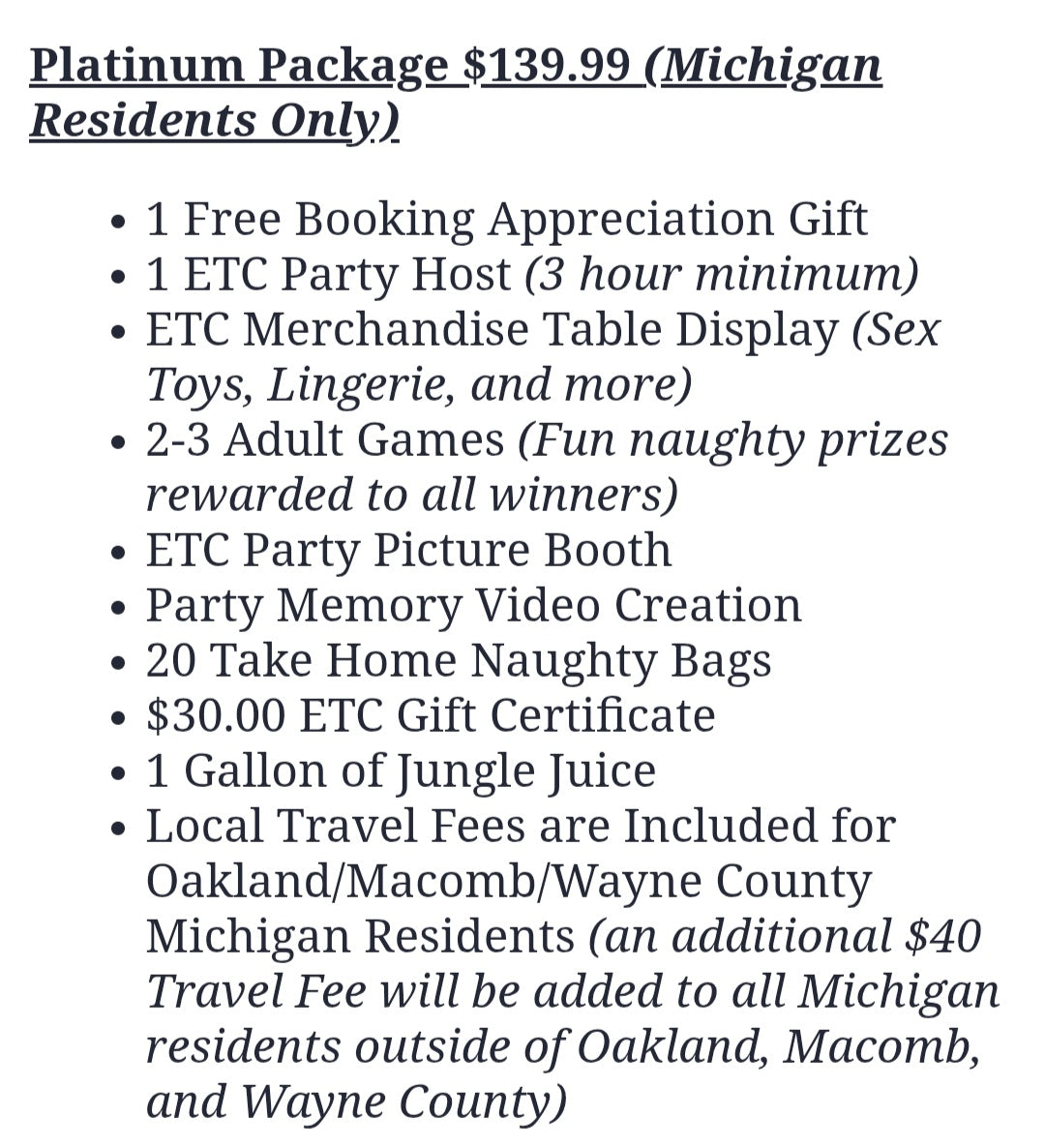 *TOY PARTY BOOKING MENU