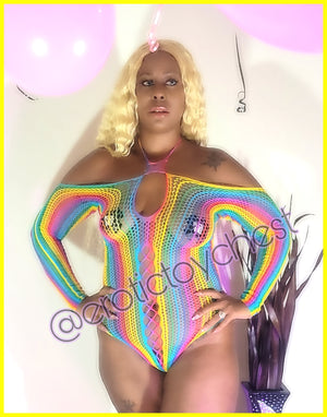 The Raunchy Rainbow Fishnet Bodysuit (Plus Size Available)